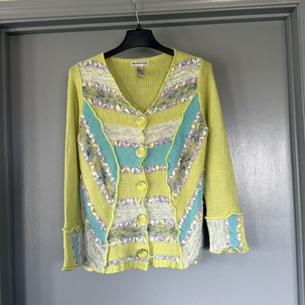 Vintage Parkhurst Cardigan Womens Sweater Large Front Buttons Woven Ribbons sz S